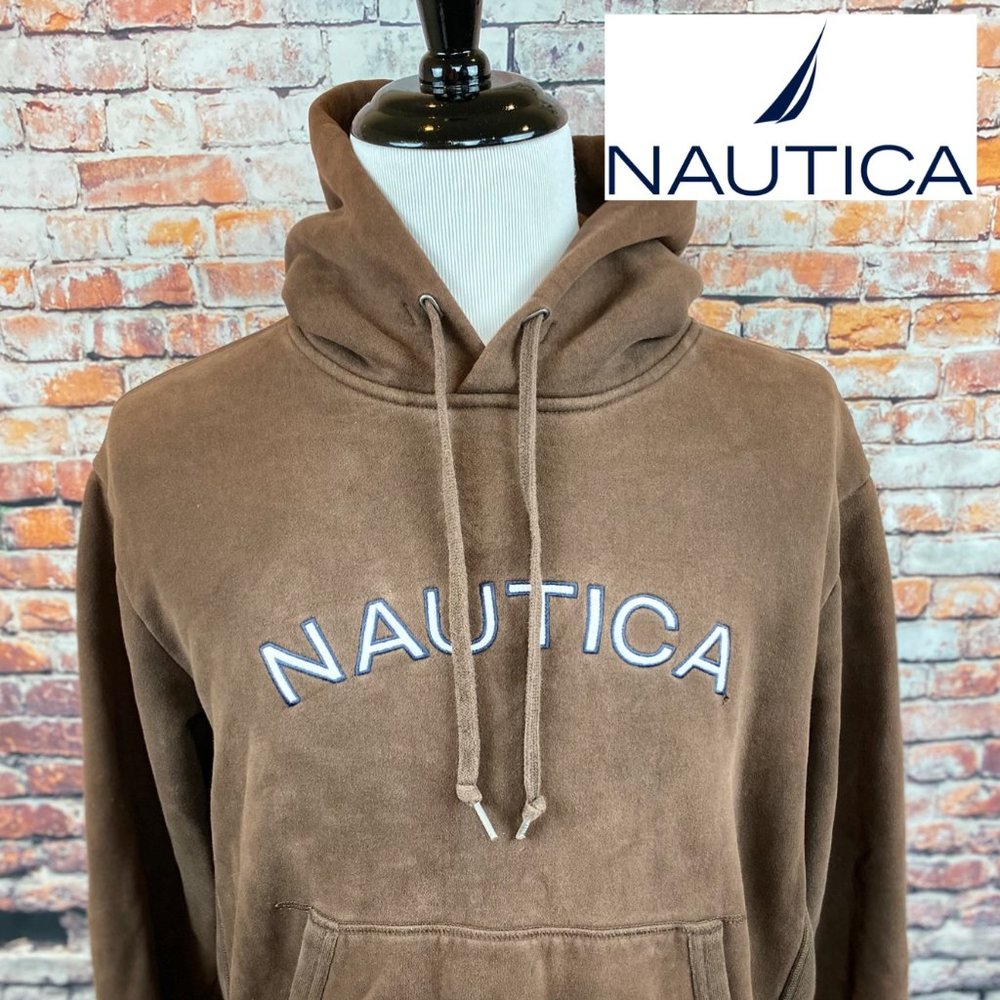 Nautica Brown Spell Out Logo Drawstring Hoodie M
